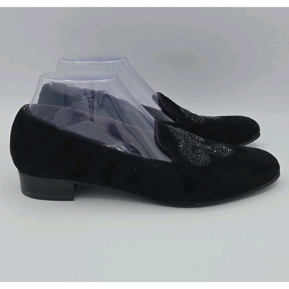 Stuart Weitzman Womens Sz 8 Narrow Lys Crystal Black Suede Fleur-de-lis - Picture 6 of 9